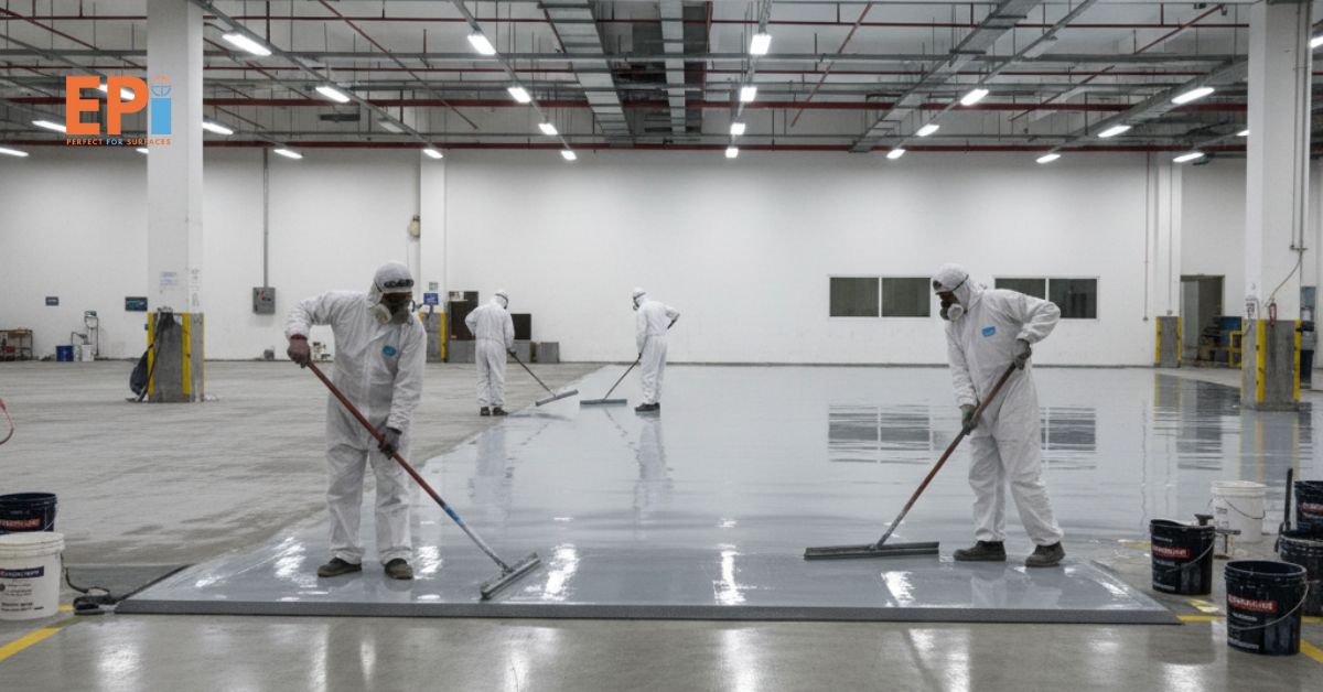 Pengerjaan jasa floor coating epoxy pada lantai pabrik untuk ketahanan dan kebersihan maksimal