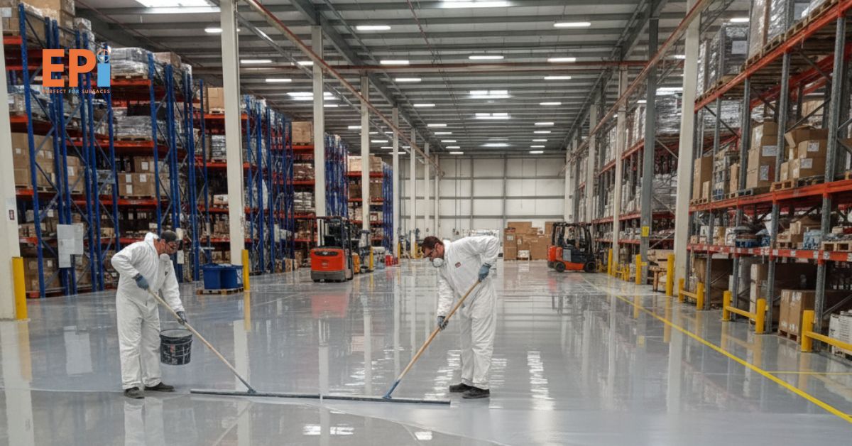 Gambar aplikasi epoxy lantai 1000 micron dengan hasil mengkilap di area gudang industri