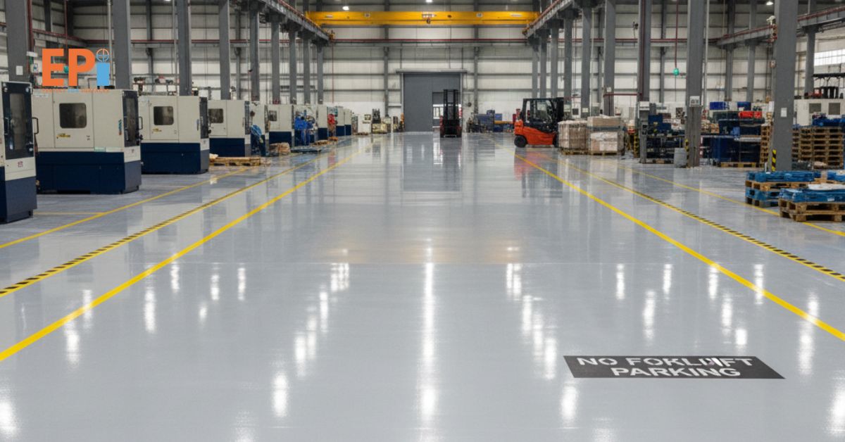 Proses aplikasi epoxy coating lantai pabrik menggunakan mesin roller oleh kontraktor profesional.