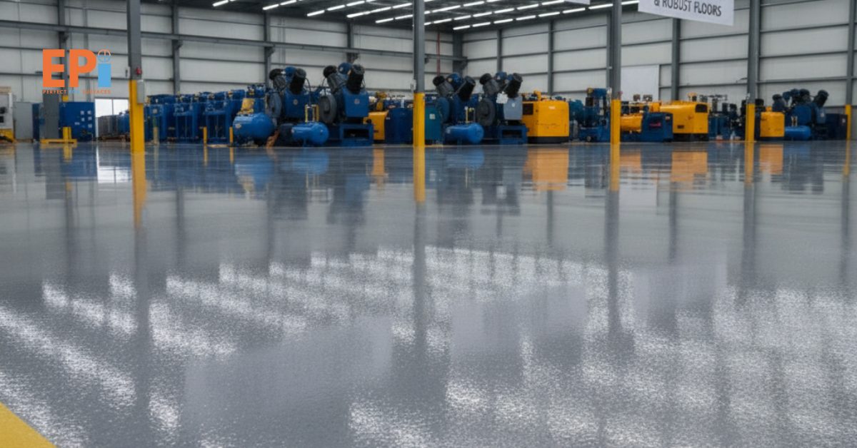 Lantai epoxy tampak mengkilap, rapi, dan kokoh setelah diaplikasikan dengan finishing berkualitas sesuai harga terbaik.