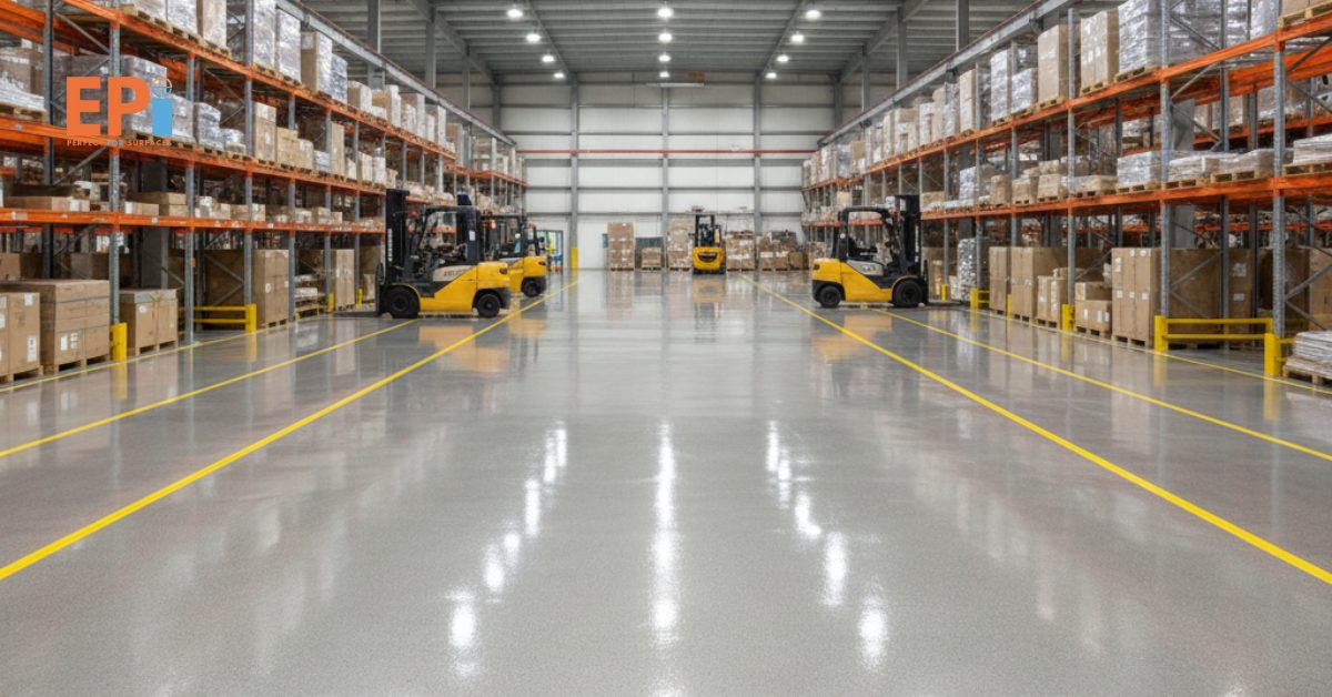 Lantai gudang tampak mengkilap, kuat, dan rapi setelah dikerjakan dengan jasa epoxy lantai murah berkualitas.