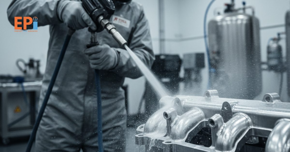 Proses wet blasting pada permukaan logam menghasilkan hasil yang lebih halus, bersih, dan siap untuk proses coating selanjutnya.