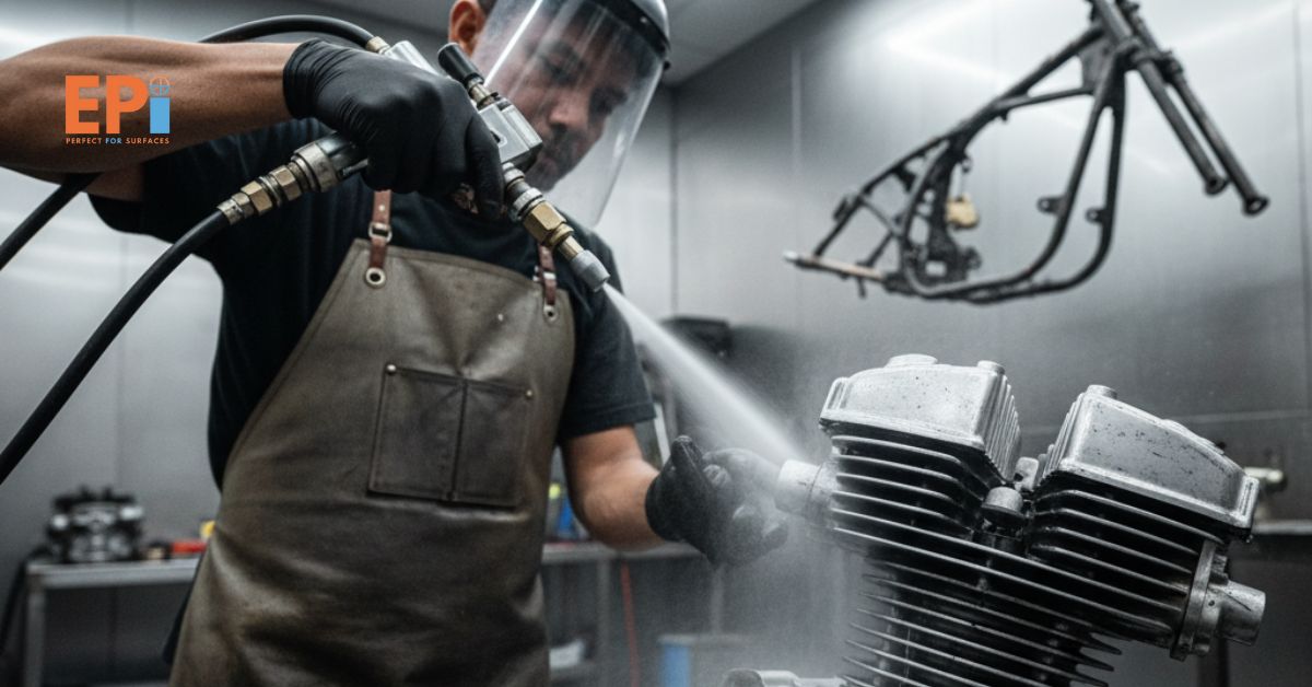 Jasa vaporblasting motor membersihkan frame dan komponen mesin secara presisi tanpa debu