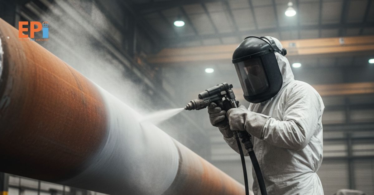 Pekerjaan blasting untuk pembersihan permukaan pipa dengan teknik sandblasting