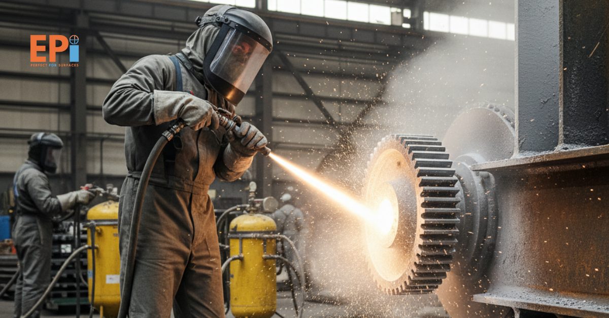 Proses sandblasting pada permukaan logam untuk menghilangkan karat dan kotoran, menghasilkan hasil yang bersih dan siap dicat ulang.