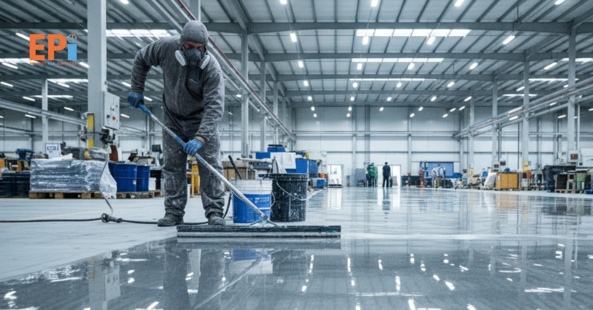 Tukang cat profesional sedang mengaplikasikan epoxy pada lantai agar terlihat mengkilap, kuat, dan tahan lama.