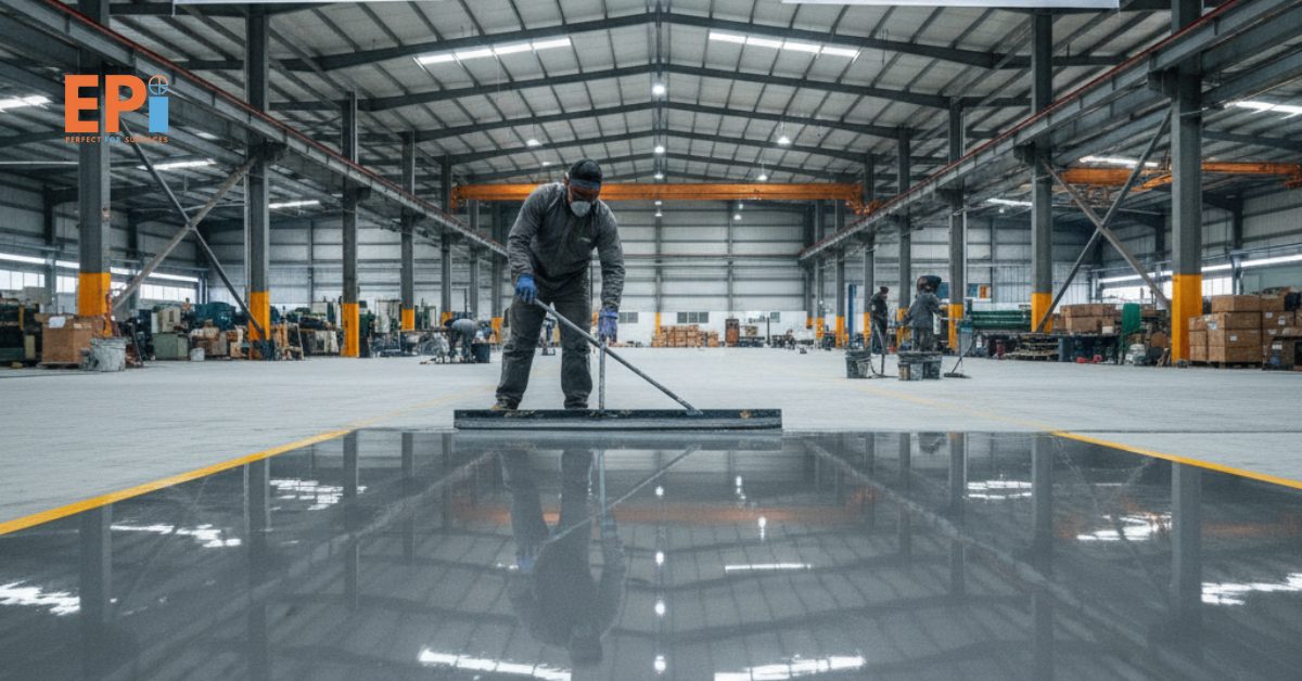 Pekerja sedang mengaplikasikan epoxy lantai di Bekasi, menghasilkan permukaan yang mengkilap, rapi, dan tahan lama.