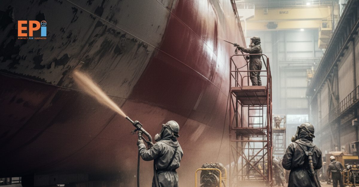 Pekerja berseragam safety lengkap sedang melakukan blasting dan painting pada badan kapal besar di galangan, permukaan kapal tampak bersih dari karat dan mulai dilapisi cat pelindung baru.
