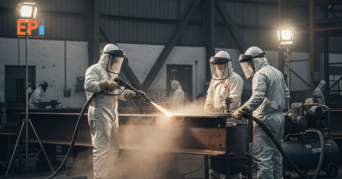 Jasa Sandblasting Bekasi – Proses pembersihan karat pada baja dengan sandblasting profesional di kawasan industri Bekasi.