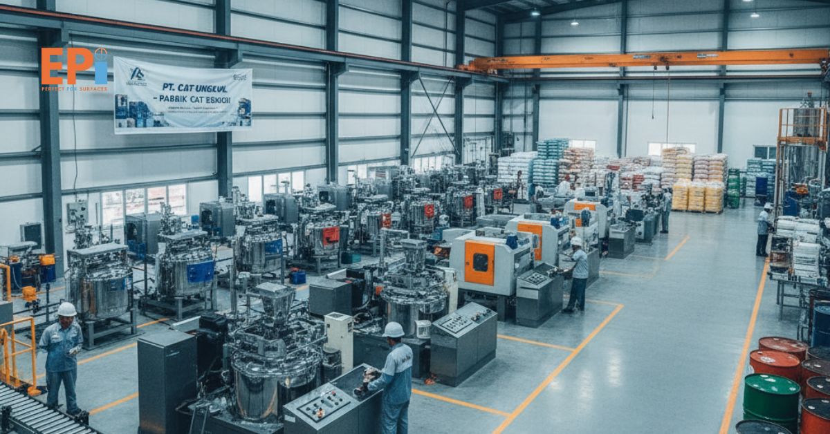 Pabrik cat Bekasi dengan fasilitas produksi modern dan mesin manufaktur cat industri.