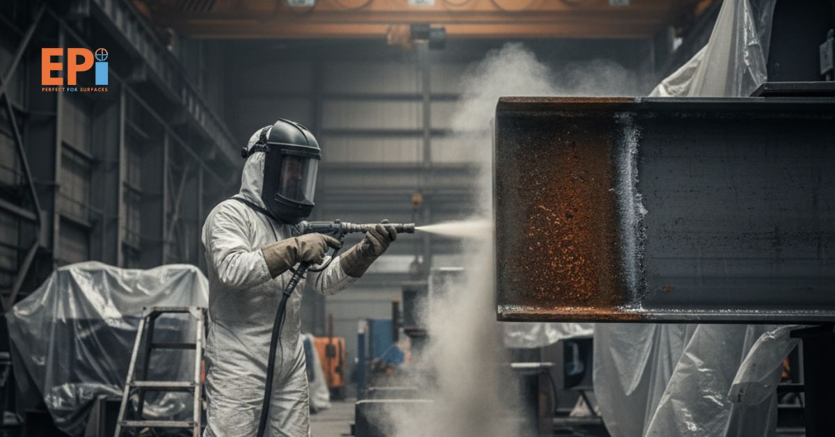 Teknik sandblasting profesional pada permukaan logam untuk persiapan pengecatan di proyek industri