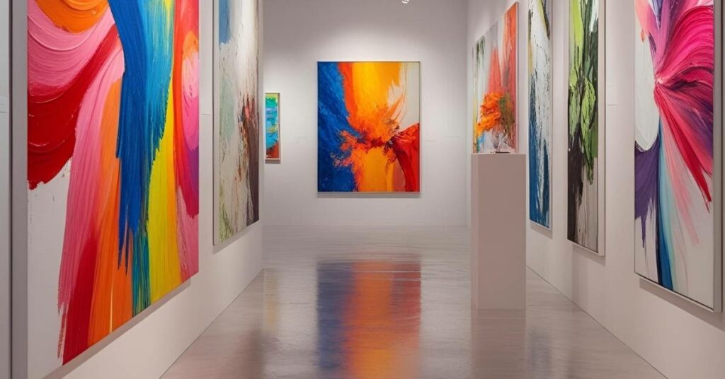 Galeri seni dengan dinding dan lantai berlapis decorative coating berwarna-warni, menampilkan efek tekstur artistik dan kilau estetis yang memperindah ruang pameran.