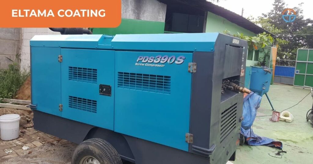Compressor PDS390S milik Eltama Coating siap digunakan untuk proyek sandblasting – jasa sewa alat industri dan konstruksi berkualitas di Jakarta dan sekitarnya.