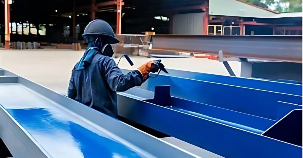 Seorang teknisi mengecat permukaan baja menggunakan alat semprot di area industri terbuka sebagai bagian dari proses steel painting untuk perlindungan dan estetika struktur logam.