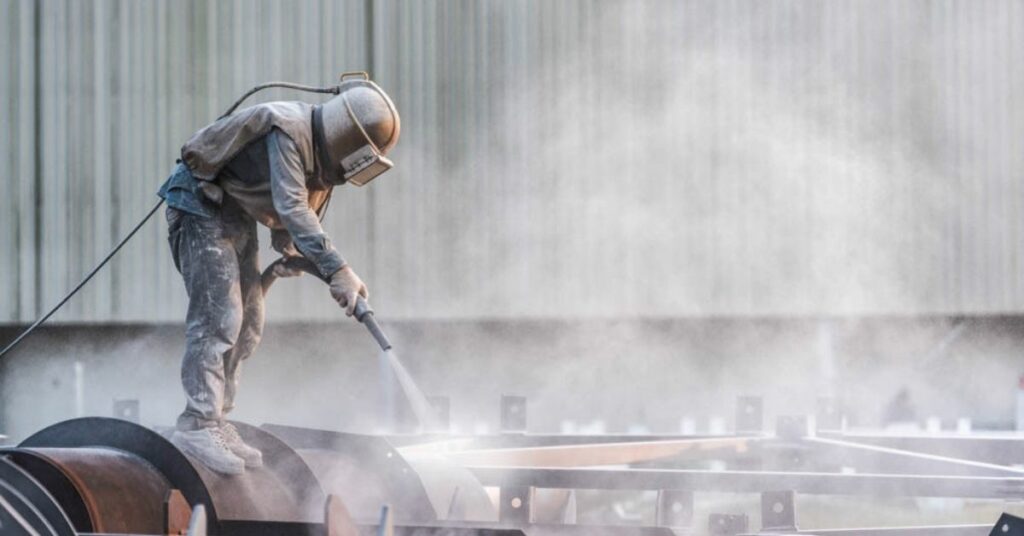 Teknisi menggunakan alat vapor blasting untuk membersihkan permukaan baja sebelum pengecatan industri – layanan profesional dari Eltama Coating