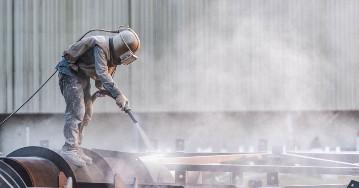 Teknisi menggunakan alat vapor blasting untuk membersihkan permukaan baja sebelum pengecatan industri – layanan profesional dari Eltama Coating