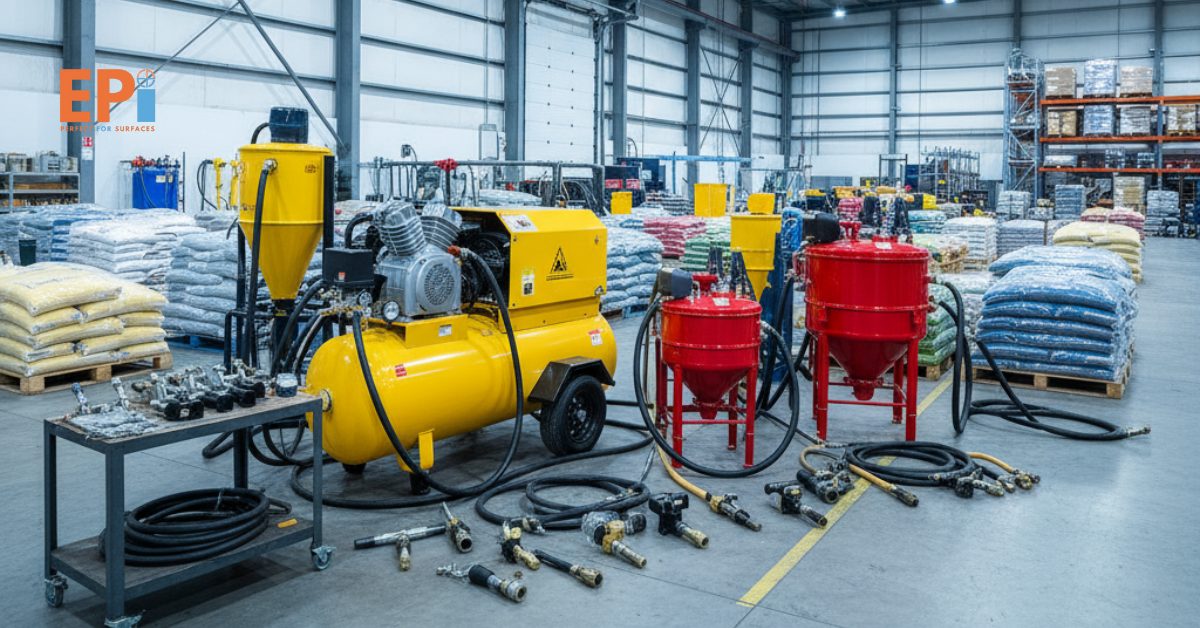 Peralatan shot blasting profesional tersedia untuk proyek industri dan konstruksi.