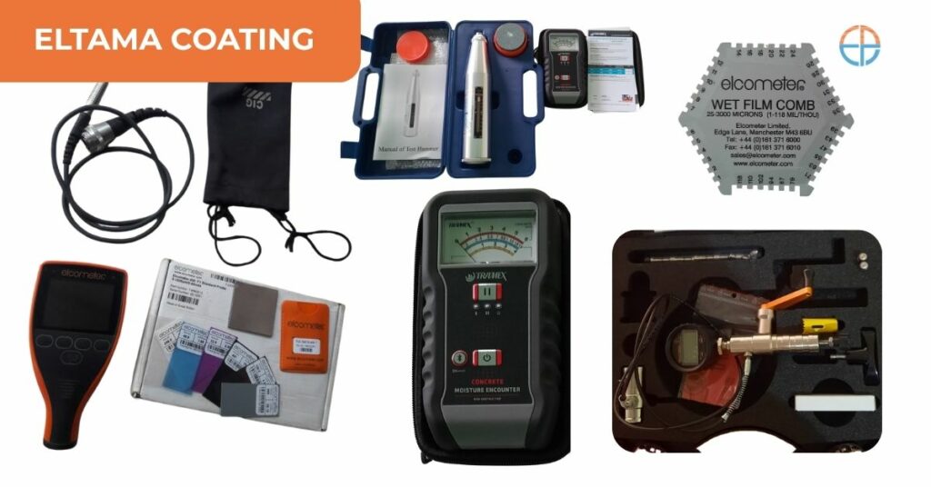 Foto alat inspeksi coating milik Eltama Coating, termasuk Elcometer DFT, pull-off adhesion tester, wet film comb, hammer test, concrete moisture meter, dan kit kalibrasi untuk pengukuran kualitas pelapisan industri.