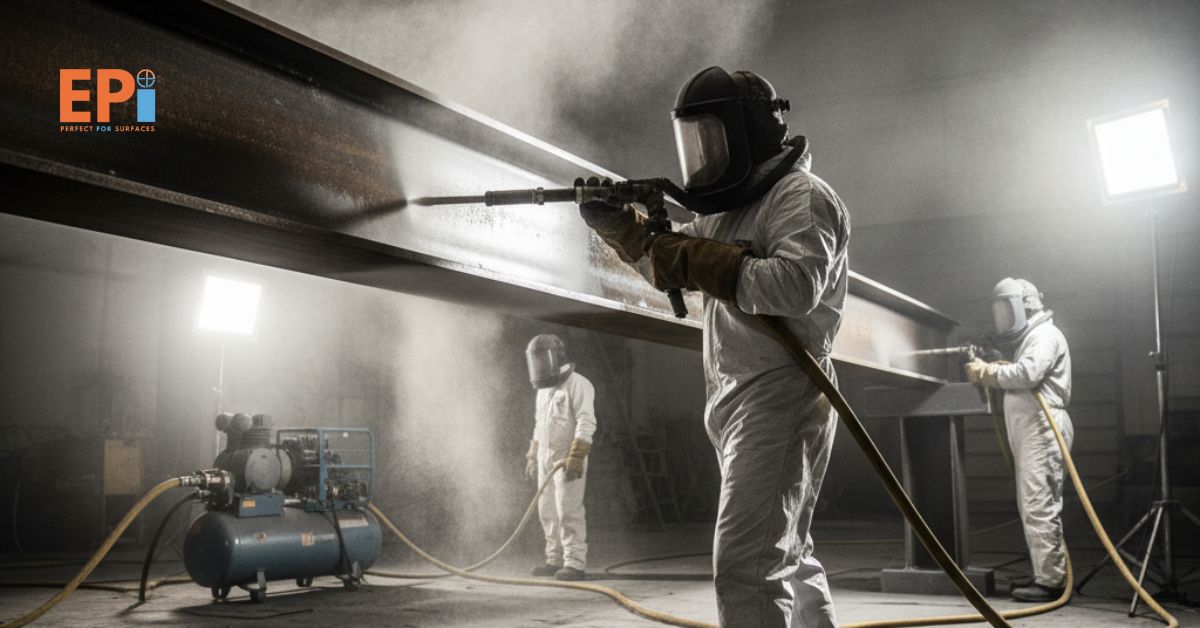 Operator menggunakan mesin sandblasting untuk membersihkan permukaan baja di lokasi proyek industri