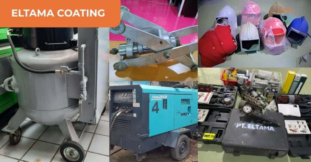 Peralatan sandblasting milik Eltama Coating termasuk blast pot, kompresor diesel, helm operator, nozzle kit, dan alat ukur teknis untuk keperluan coating dan surface preparation industri.