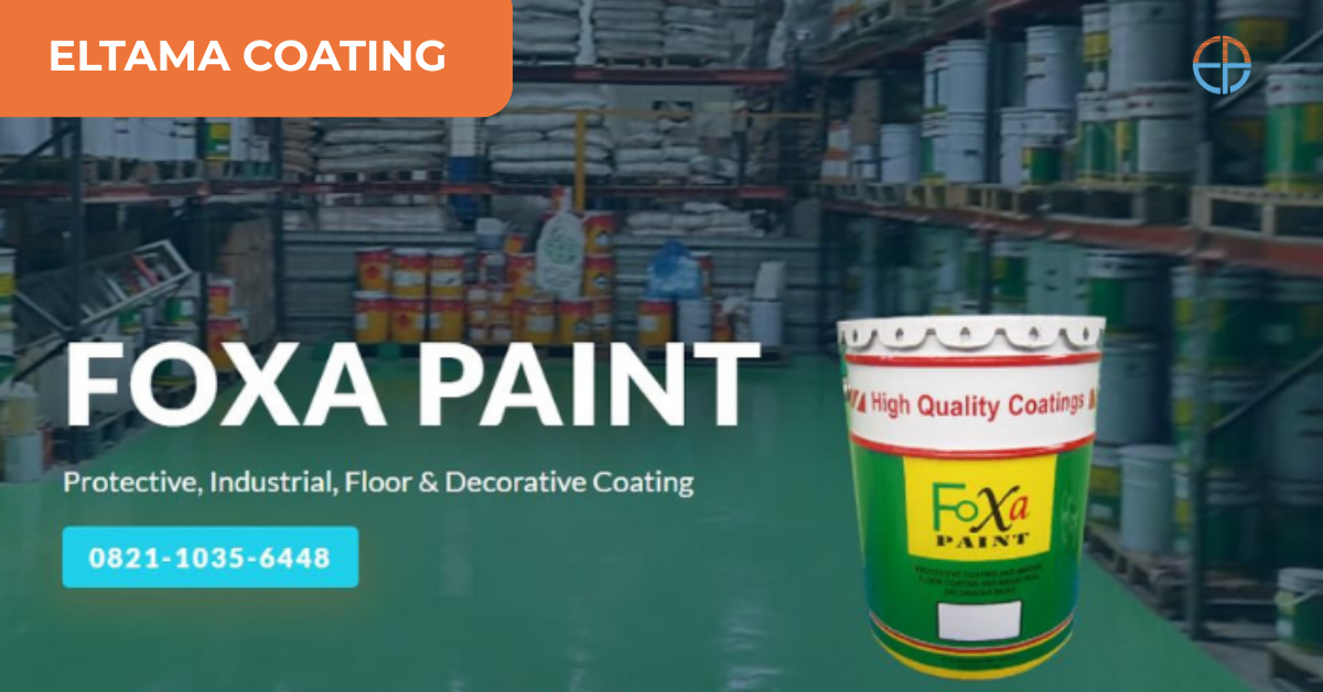 Kaleng cat epoxy FOXA PAINT berkualitas tinggi ditampilkan di gudang penyimpanan, menawarkan solusi pelapisan protektif, industri, lantai, dan dekoratif dari ELTAMA COATING. 