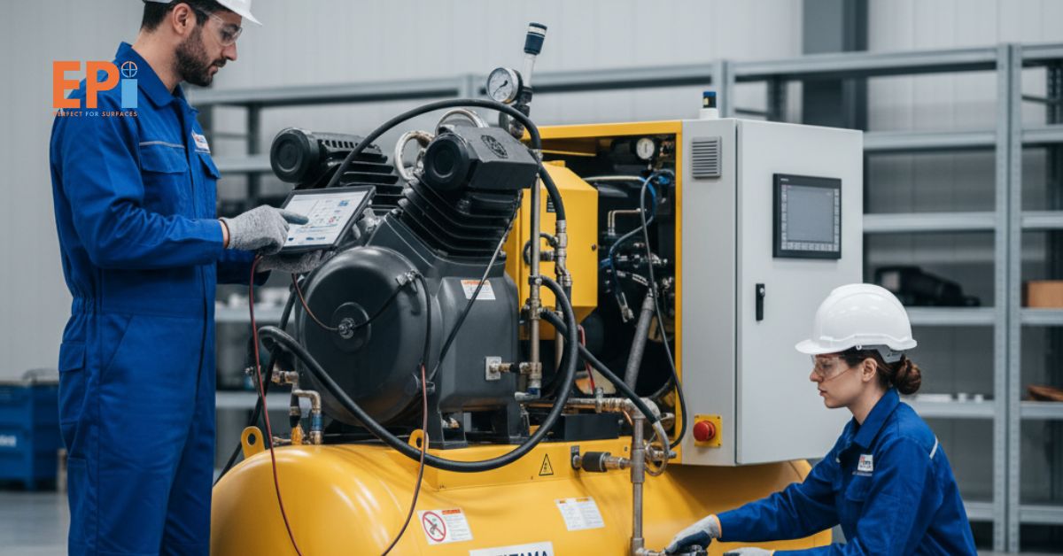 Teknisi profesional sedang melakukan jasa maintenance kompressor per area untuk industri.