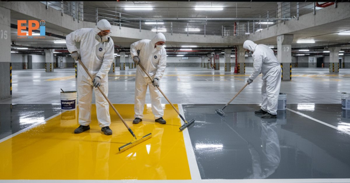 Teknisi sedang mengecat lantai parkiran dengan cat epoxy berwarna kuning dan abu-abu agar terlihat rapi dan tahan aus.
