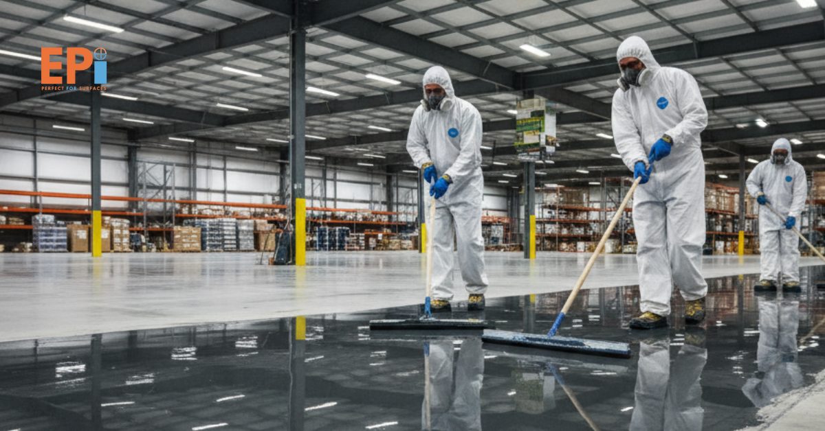 Pekerja profesional sedang mengaplikasikan cat epoxy pada lantai gudang besar dengan hasil mengkilap, rata, dan tahan beban berat.