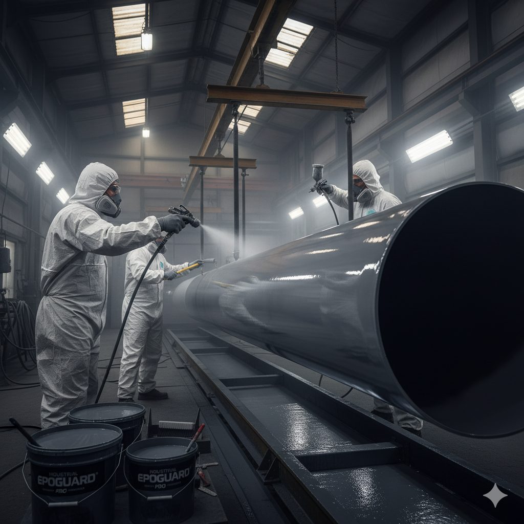 Proses coating pipa besi di area industri menggunakan cat epoxy berkualitas tinggi.