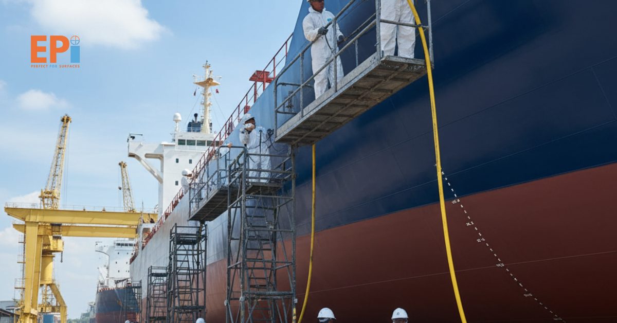 “Tim kontraktor sedang melakukan pengecatan ulang pada lambung kapal di galangan Pontianak, menghasilkan tampilan kapal bersih dan terlindung dari korosi.”