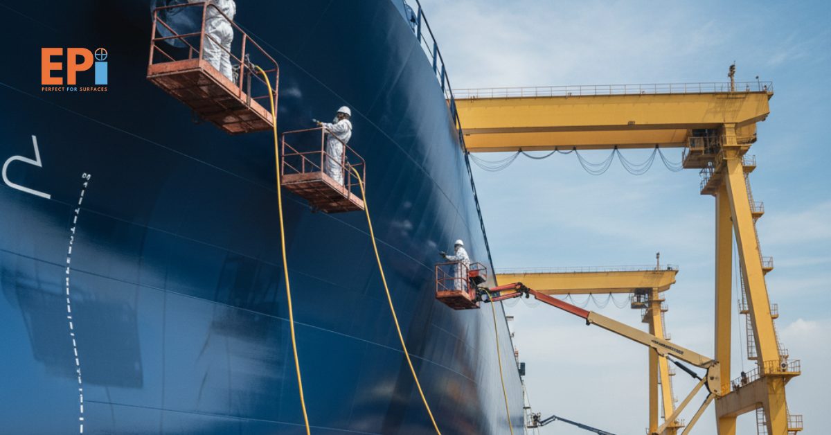 “Tim kontraktor sedang melakukan pengecatan ulang pada lambung kapal di galangan Sorong dengan hasil akhir mengkilap dan tahan korosi.”