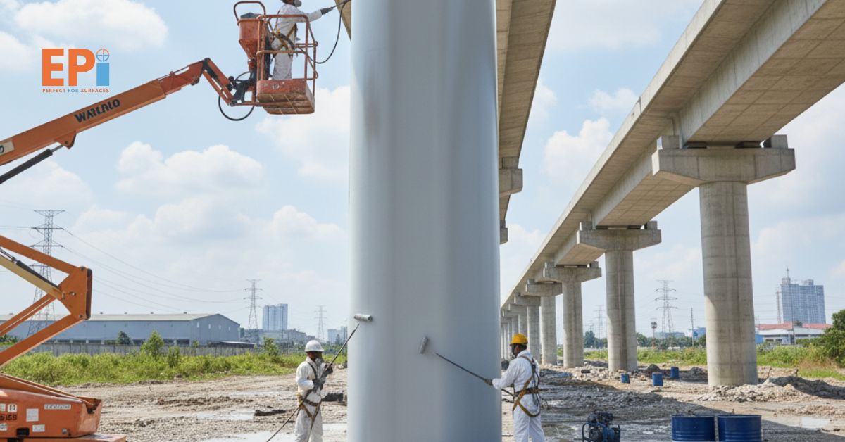 Aplikator menerapkan wet coating pada pondasi jembatan di Cibitung.