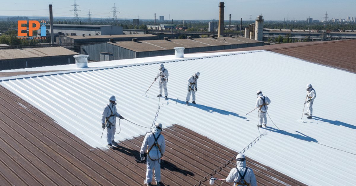 “Pekerja sedang mengaplikasikan cat atap tahan panas sistem cool roof pada atap pabrik untuk mengurangi suhu dan memantulkan panas matahari.