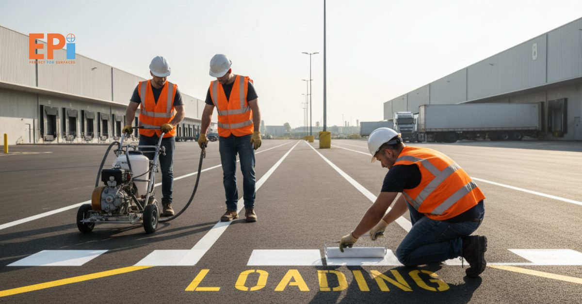 Pekerjaan pengecatan line marking tahan lama di area parkir industri.