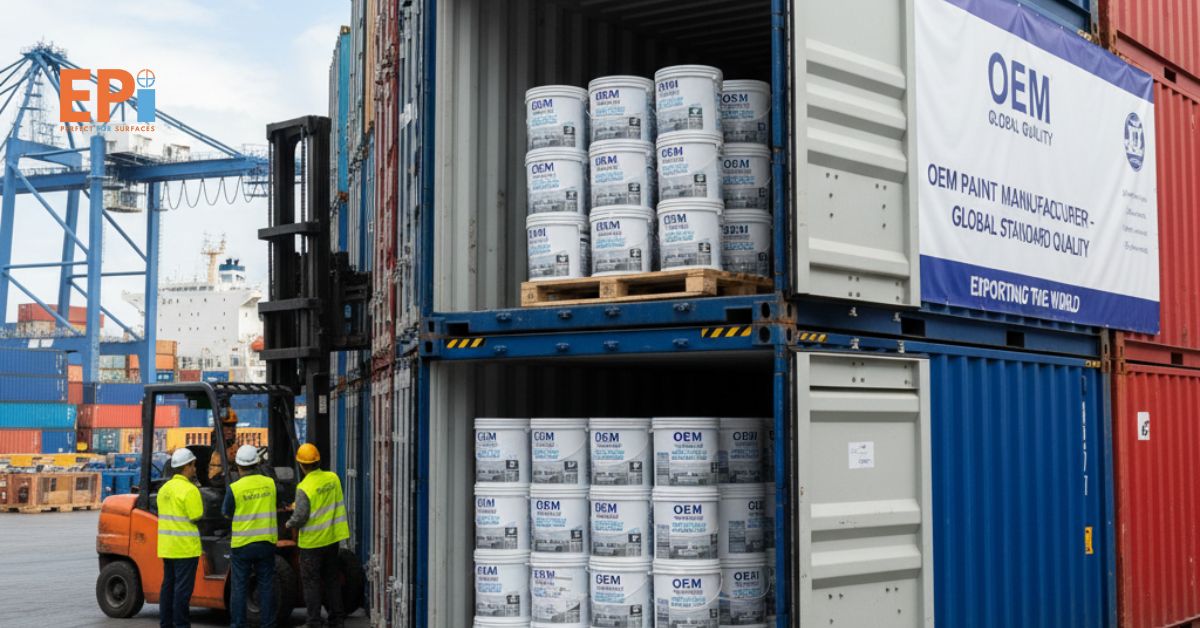 Kontainer berisi cat OEM siap diekspor ke pasar internasional dengan kualitas pabrikan berstandar global