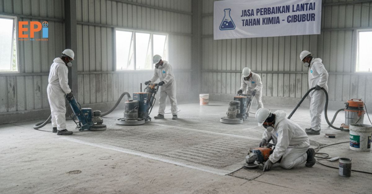 Jasa perbaikan lantai tahan bahan kimia di Cibubur sedang menyiapkan permukaan untuk aplikasi coating