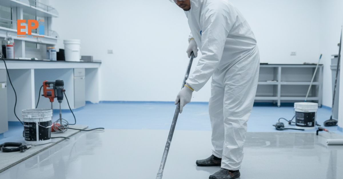 Spesialis pengecatan lantai laboratorium di Gading Serpong sedang mengaplikasikan epoxy anti-chemical