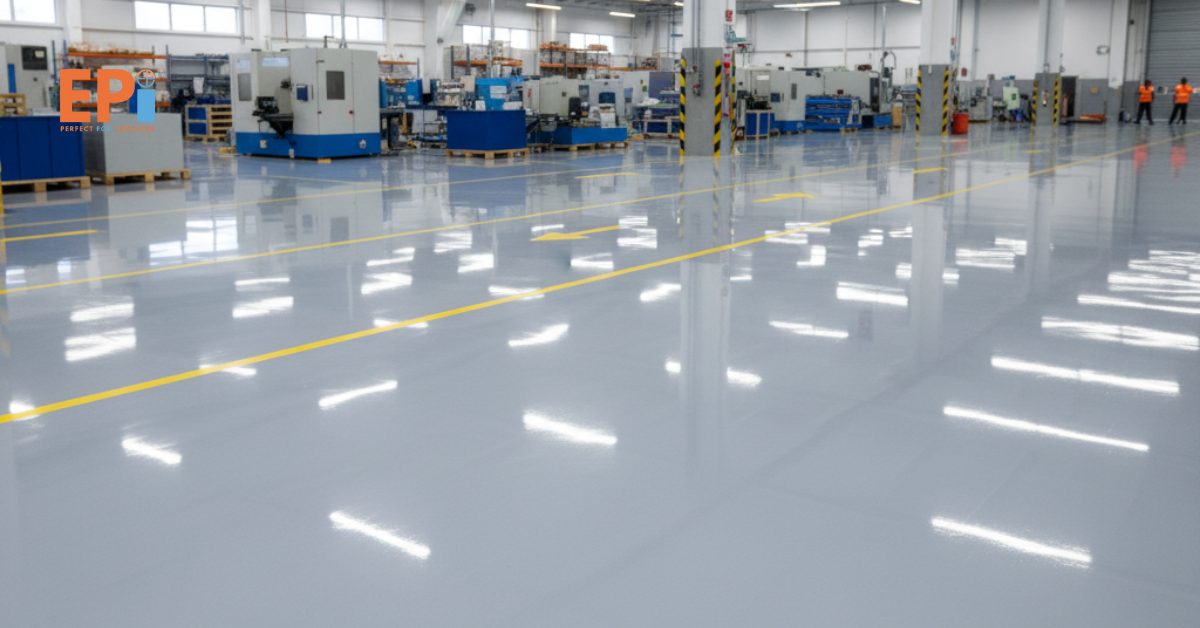 Hasil akhir lantai pabrik yang dilapisi cat epoxy OEM tampak mengkilap, rata, dan tahan lama dengan kualitas profesional.