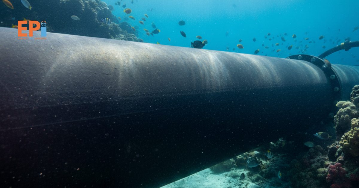 Pipa bawah laut yang telah dilapisi cat pelindung anti karat, tampak kokoh dan terlindungi dari korosi akibat air laut.