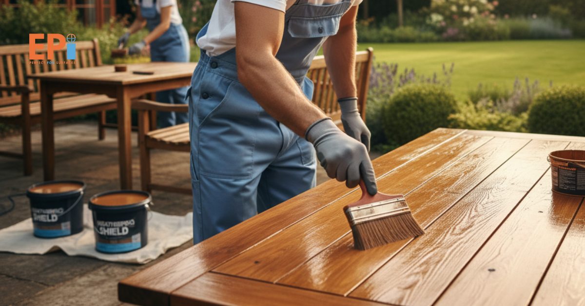 Pekerja profesional sedang mengecat furnitur kayu taman menggunakan cat pelindung tahan cuaca.