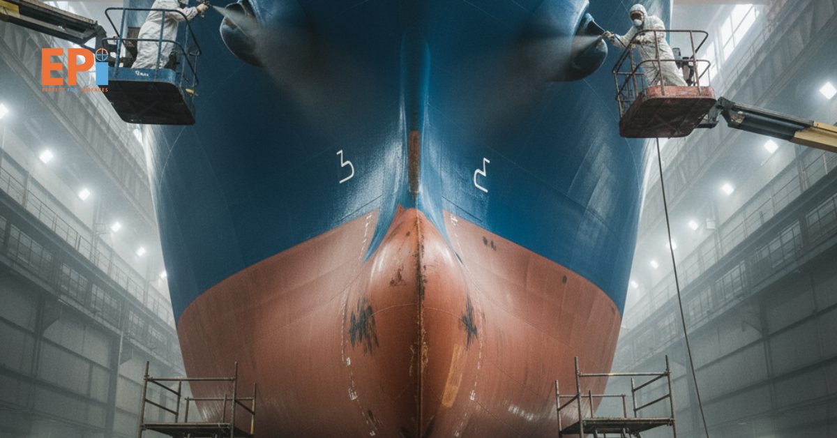 Teknisi sedang mengaplikasikan cat anti fouling pada lambung kapal untuk mencegah pertumbuhan lumut dan organisme laut