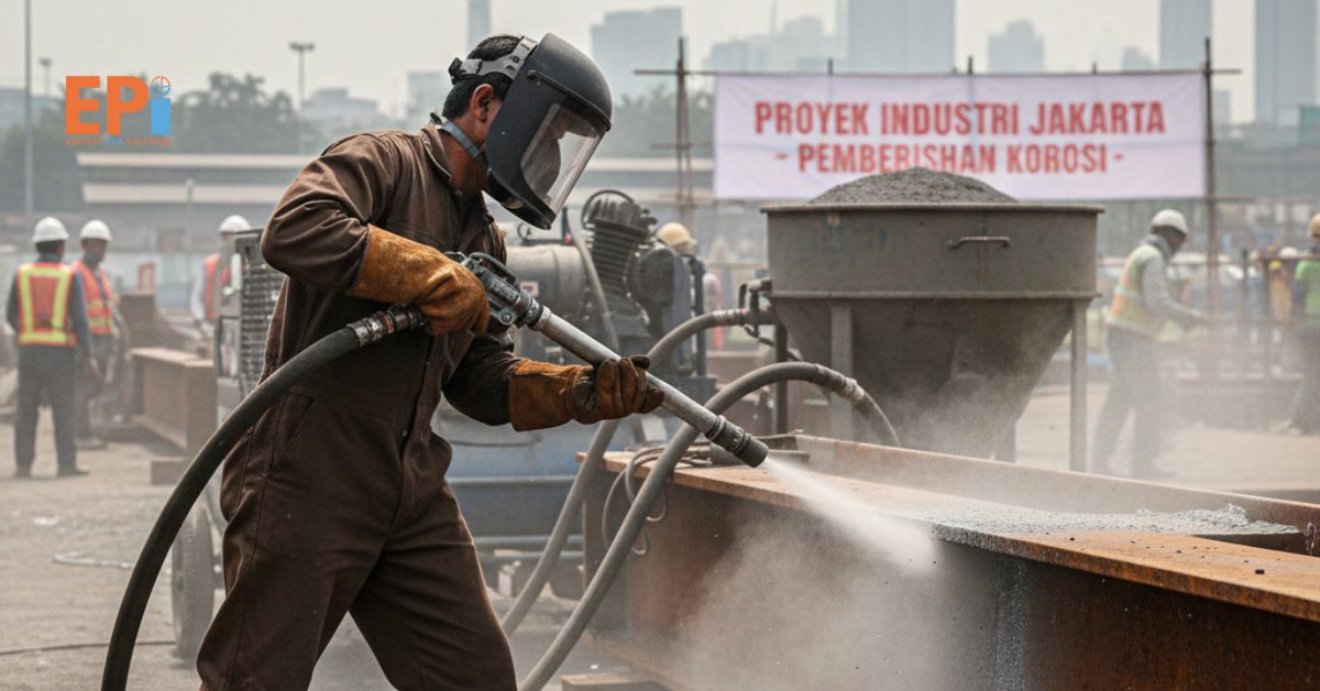 Pekerja menggunakan mesin blasting di area proyek industri Jakarta untuk membersihkan permukaan logam dari karat.