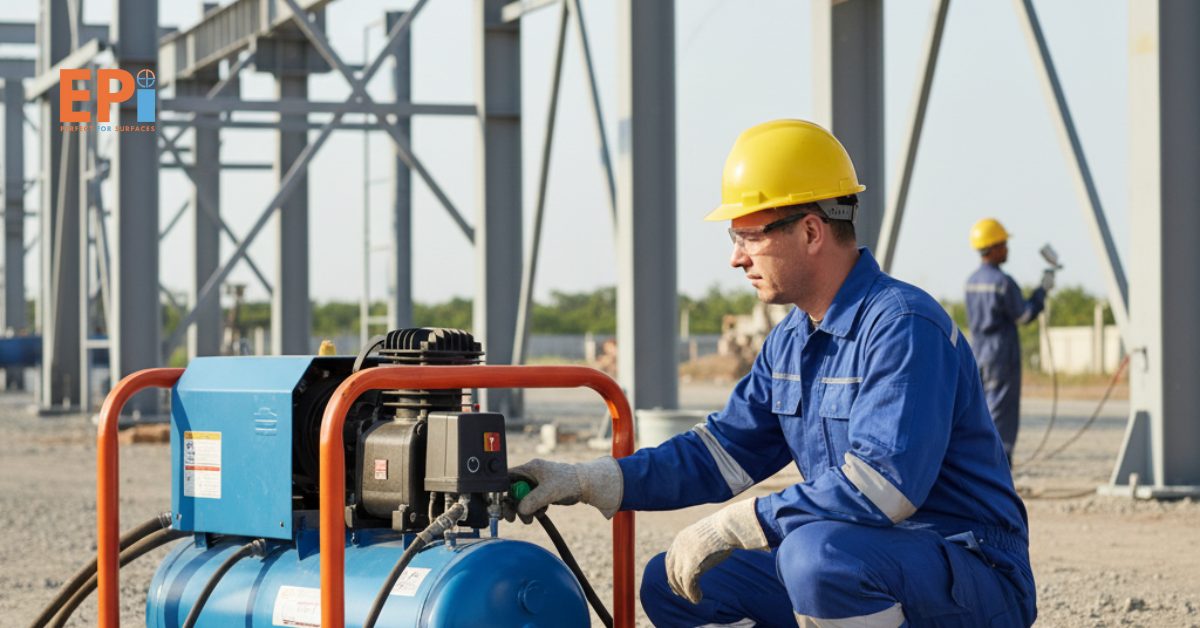 “Teknisi sedang menyalakan kompresor listrik di area proyek untuk mendukung proses pengecatan dan pembersihan industri.”