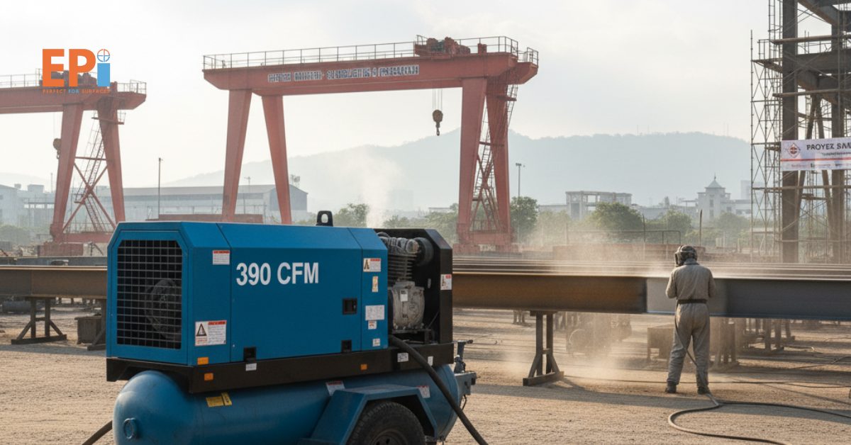 Unit compressor 390 CFM sedang digunakan di area proyek industri untuk mendukung pekerjaan sandblasting dan pengecatan.