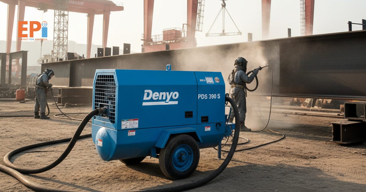 “Unit compressor Denyo PDS 390 S sedang digunakan di proyek konstruksi untuk mendukung pekerjaan sandblasting dan pengecatan.”