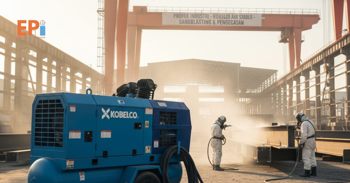 Unit compressor Kobelco siap digunakan di area proyek industri, memastikan suplai udara stabil untuk pekerjaan sandblasting dan pengecatan