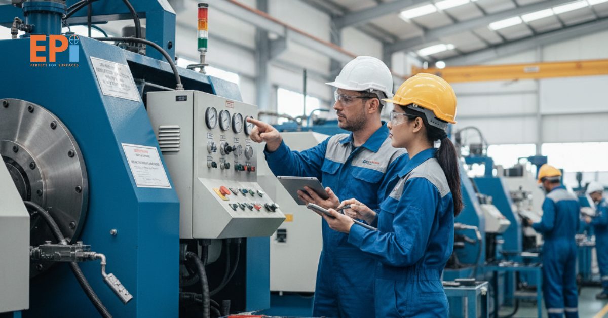 “Teknisi sedang melakukan pengecekan dan perawatan rutin pada mesin industri untuk memastikan kinerja tetap optimal.”