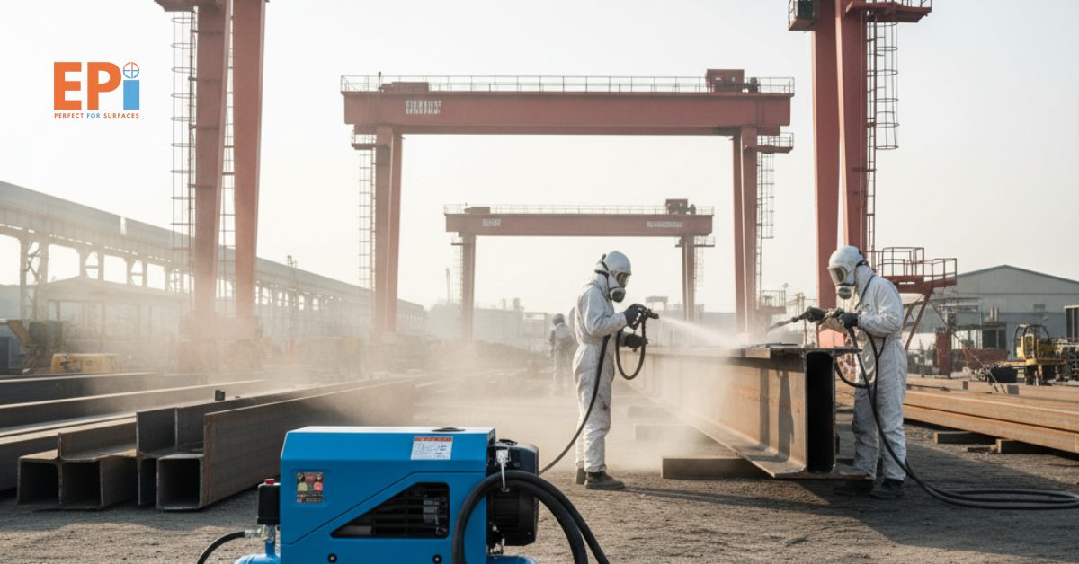 Unit compressor portable siap digunakan di area proyek industri untuk mendukung pekerjaan sandblasting dan pengecatan.
