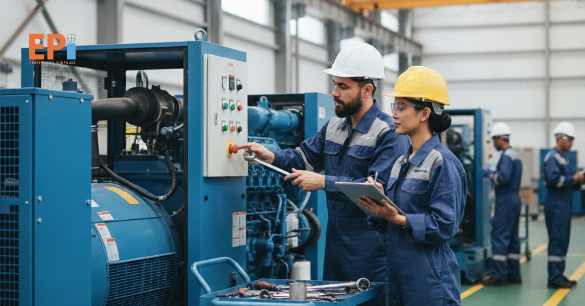 “Teknisi sedang melakukan pengecekan rutin pada mesin genset di area industri untuk memastikan performa tetap stabil dan efisien.”