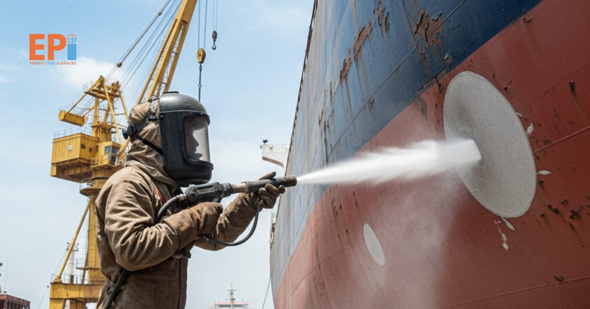 Pekerja sedang melakukan proses blasting pada lambung kapal di galangan Bitung, Sulawesi Utara untuk menghilangkan karat dan cat lama sebelum pengecatan ulang